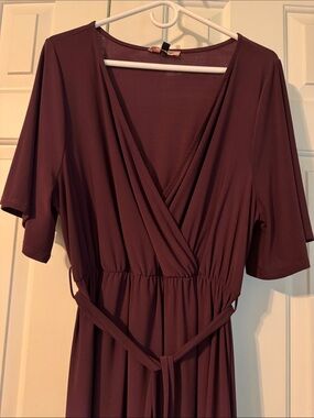 Women's Deep Plum Wrap Midi Dress with Belt
